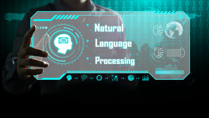 hand activates the virtual screen containing information of natural language processing or NLP world map and binary background in a green tone of technology. Commanding from the brain to AI.