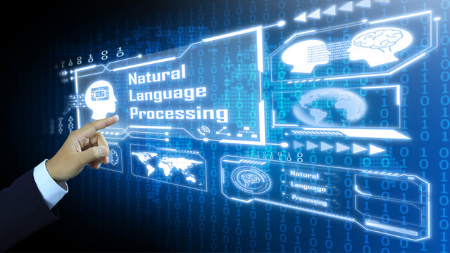 hand reach out to activate the virtual screen containing information of natural language processing or NLP world map and binary background in blue tone of technology. Commanding from the brain to AI.