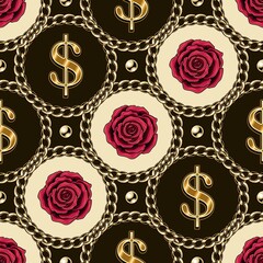 Seamless vintage diagonal pattern with circles, realistic gold chain, beads, crimson roses, golden dollar sign. Classic background. Vector illustration