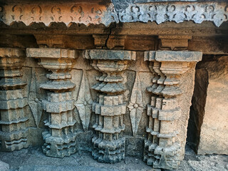 Stock photo of exterior view of ancient Kopeshwar Mahadev temple, Khidrapur, Maharashtra, India.Beautiful carving revealed hindu culture and traditions. Picture captured under bright sunlight .
