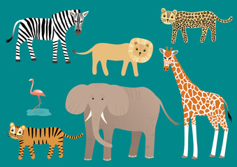 Set of tropical animals. Simple vector illustration.