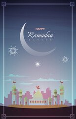Ramadan Kareem Greeting Card Mosque Night Sky Vector Design Template