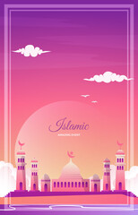 Beautiful Islamic Event Greeting Card Mosque Sky Vector Design Template