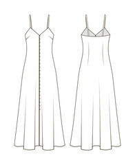 Fashion technical drawing of midi tank dress with front buttons