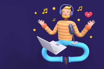 Podcast concept. Cartoon guy in meditation pose listening and recording audio podcast. Mass media broadcasting trendy 3d illustration.