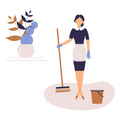 Cleaner woman or girl with sweeping brush and bucket.Cute maid near vase with beautiful leaves and branches.Raster illustration.For cleaning services ad,logo for cleaning company,leaflets,flyers