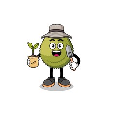 Illustration of durian fruit cartoon holding a plant seed