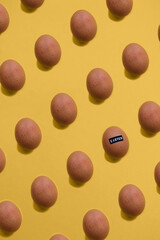 Pattern of many brown raw chicken egg with embossed word Easter on a yellow background with copy space. Creative holiday decor and spring greeting card. Flat lay.