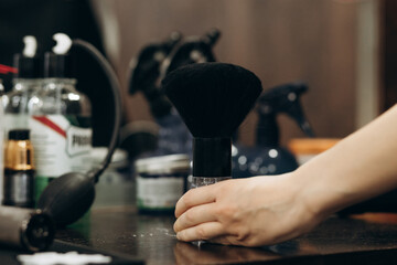 close-up portrait of a powder brush. barbershop