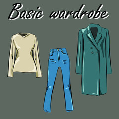 Minimalism. Fashion. Capsule basic wardrobe for a woman.  Big cupboard. Wardrobe with a set of clothes on hangers and bags. Isolated vector objects.