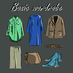 Minimalism. Fashion. Capsule basic wardrobe for a woman.  Big cupboard. Wardrobe with a set of clothes on hangers and bags. Isolated vector objects.