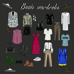 Minimalism. Fashion. Capsule basic wardrobe for a woman.  Big cupboard. Wardrobe with a set of clothes on hangers and bags. Isolated vector objects.