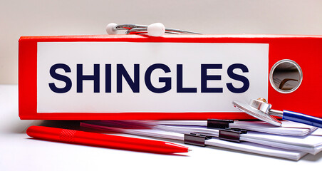 On the desktop is a stethoscope, documents, a pen, and a red file folder with the text SHINGLES....