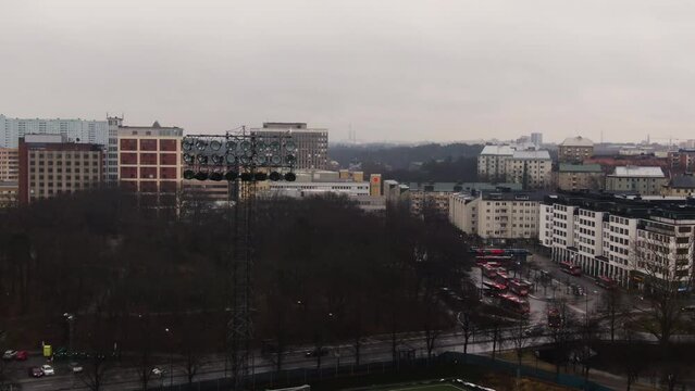 Aerial birds eye view of Solna Municipality in Sweden. Rainy and cloudy day