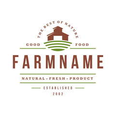Farmers market logo template vector illustration. Farmer logotype or badge design. Trendy retro style farm barn silhouette.
