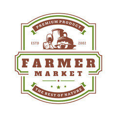 Farmers market logo template vector illustration. Farmer logotype or badge design. Trendy retro style farm natural organic products food silhouette.