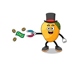 Character Illustration of mango fruit catching money with a magnet