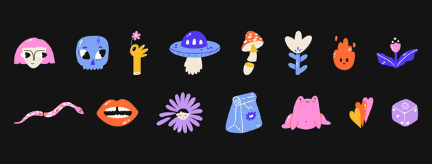 Set of different colored funny icons. Bright positive stickers. Hand drawn Abstract funny cute characters. Vector illustrations. Cartoon style. All elements are isolated.