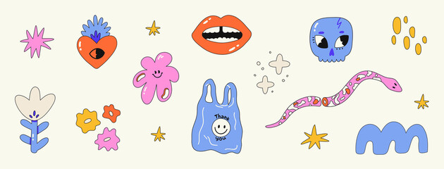 Naklejka premium Set of various funny stickers, patches, pins. Collection of icons - flowers, skull, snake, package. Hand drawn trendy Vector illustration. Cartoon style. All elements are isolated.