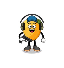 Character mascot of mango fruit doing shooting range