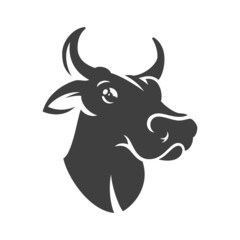 Cow head silhouette isolated on white background vector object in retro style. Can be used for logo or badge. Farm animal.