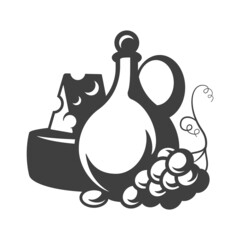 Bottle of wine with grape silhouette isolated on white background vector object in retro style. Can be used for logo or badge. Farmers products.