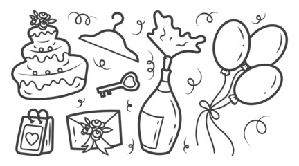 A set of wedding doodle elements, icons. Anniversary, save the date. Isolated illustrations.	
