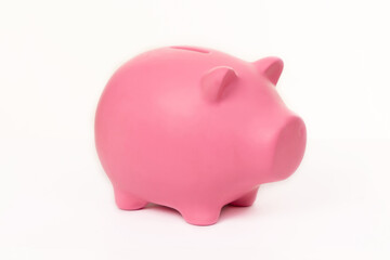 Mocap. Pink piggy bank for money, coins, banknotes on a white background.