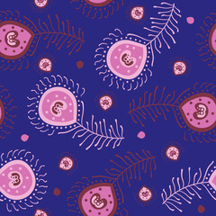 Peacock feathers vector seamless pattern background.
