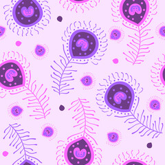 Peacock feathers vector seamless pattern background.
