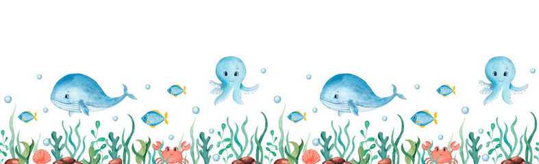 Watercolor seamless border with whales, octopus, seahorse, algae, crabs, fishes on white background. Sea wallpaper design © Эльнара