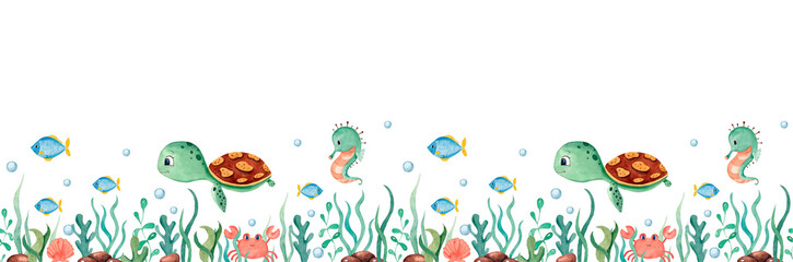 Watercolor seamless border with underwater world, sea turtle, seahorse, algae, crabs, fishes on white background. Watercolor illustration for posters, postcards, fabrics, packaging.