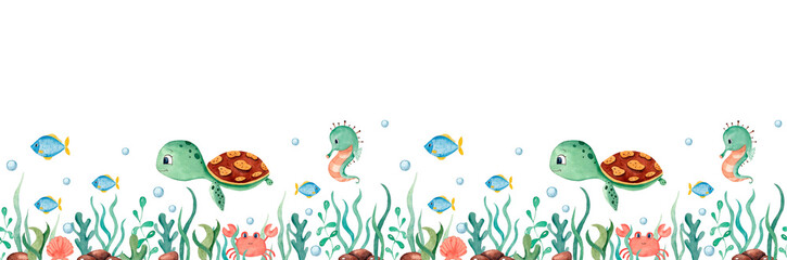 Watercolor seamless border with underwater world, sea turtle, seahorse, algae, crabs, fishes on white background. Watercolor illustration for posters, postcards, fabrics, packaging. © Эльнара