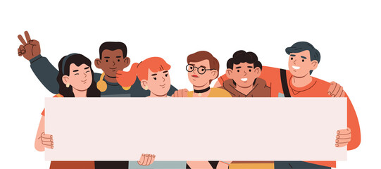 Group of smiling young men and women holding blank banner. Happy people standing together. Male and female protesters or activists. Hand drawn vector  flat cartoon style illustration. 