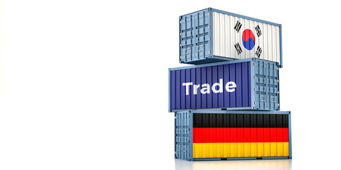 Cargo containers with South Korea and Germany national flags. 3D Rendering