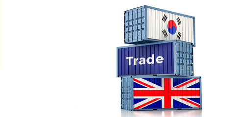 Fototapeta na wymiar Cargo containers with South Korea and United Kingdom national flags. 3D Rendering