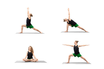 Obraz premium Collage of male yoga. 30 years old athletic caucasian blond long-haired man practice balance asanas and lotus pose, exercise set, isolated on white.