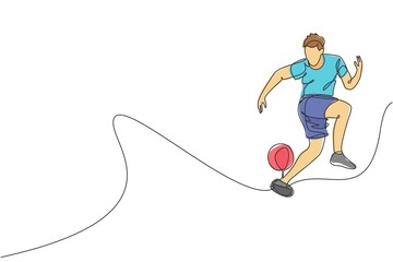 One single line drawing of young man perform soccer freestyle, jump juggling ball with heel at city square vector illustration. Football freestyler sport concept. Modern continuous line draw design