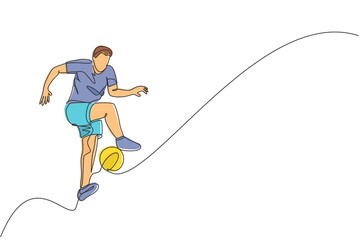 One single line drawing of young happy man perform soccer freestyle, jump juggling at the city square graphic vector illustration. Football freestyler sport concept. Modern continuous line draw design