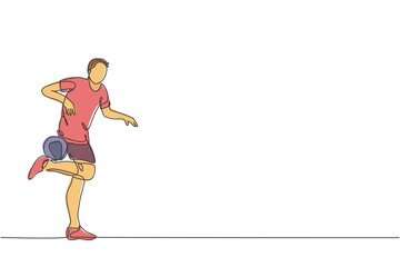 One continuous line drawing of young sporty man soccer freestyler player practice hold the ball with calf in the street. Football freestyle sport concept. Single line draw design vector illustration