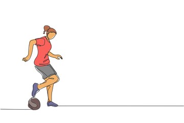 Single continuous line drawing of young sportive woman train soccer freestyle, dribbling trick on the field. Football freestyler concept. Trendy one line draw graphic design vector illustration