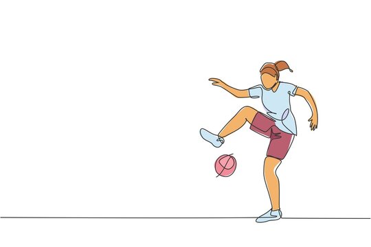 One continuous line drawing of young sporty man soccer freestyler player practice juggling the ball in the street. Football freestyle sport concept. Dynamic single line draw design vector illustration