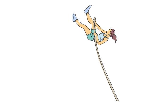 One single line drawing of young energetic woman exercise pole vault jump through the bar vector illustration. Healthy athletic sport concept. Competition event. Modern continuous line draw design