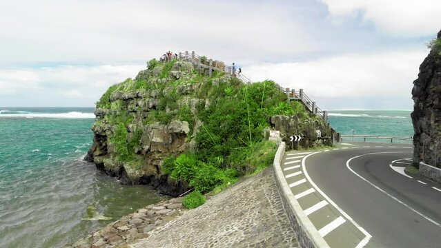 Captain Matthew Flinders Monument in Mauritius. Aerial view from drone on a cloudy day
