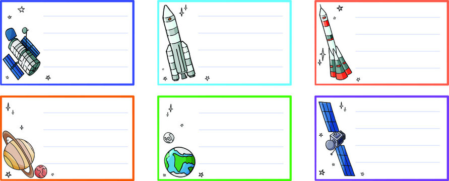 Notebook Name Sticker with rockets, spece telescope, satellite, planets and stars.