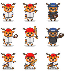 Vector Illustration of Cute Deer with Baseball costume. Set of cute Deer characters.