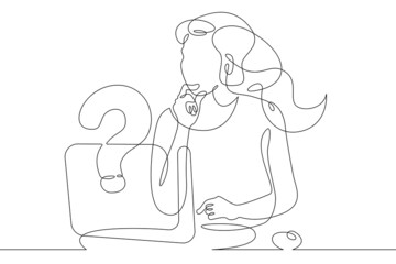 One continuous line.Woman is sitting at a laptop. Search for an answer to a question on the Internet. Computer work.One continuous line drawing. Line Art isolated white background. - obrazy, fototapety, plakaty