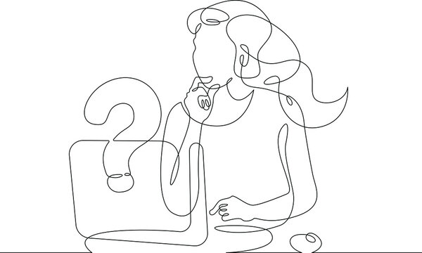 recommend clip art: One continuous line.Woman is sitting at a laptop. Search for an answer to a question on the Internet. Computer work.One continuous line drawing. Line Art isolated white background.