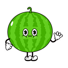 Cute funny watermelon waving hand character. Vector hand drawn traditional cartoon vintage, retro, kawaii character illustration icon. Isolated on white background. Happy watermelon character concept