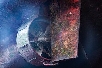 The ship stands on the supports in a dry dock. Rear view of the screws.